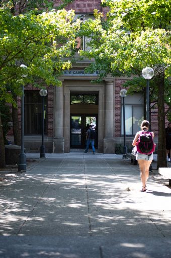 Students walking on the WSU Campus in the Spring