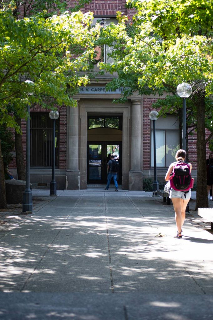 Students walking on the WSU Campus in the Spring