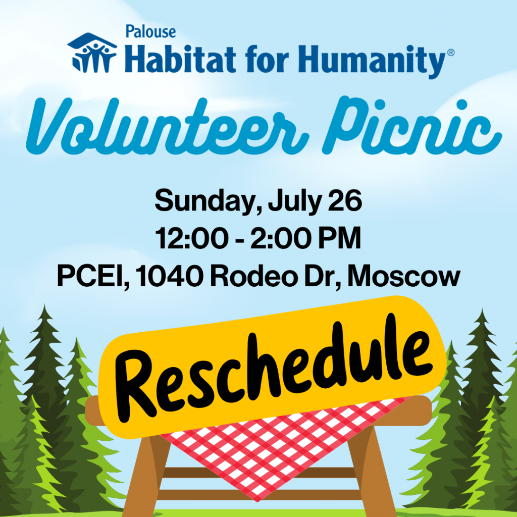 A rescheduled event notice for the Palouse Habitat volunteer appreciation picnic featuring a red checkered picnic table.