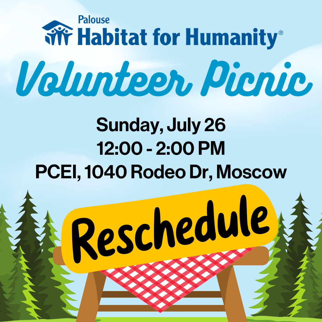 A rescheduled event notice for the Palouse Habitat volunteer appreciation picnic featuring a red checkered picnic table.