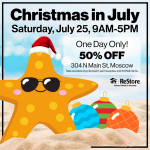 A festive beach-themed starfish wearing a Santa hat promoting the Moscow ReStore Christmas in July sale.