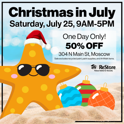 A festive beach-themed starfish wearing a Santa hat promoting the Moscow ReStore Christmas in July sale.