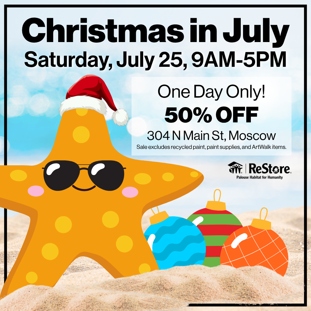 A festive beach-themed starfish wearing a Santa hat promoting the Moscow ReStore Christmas in July sale.