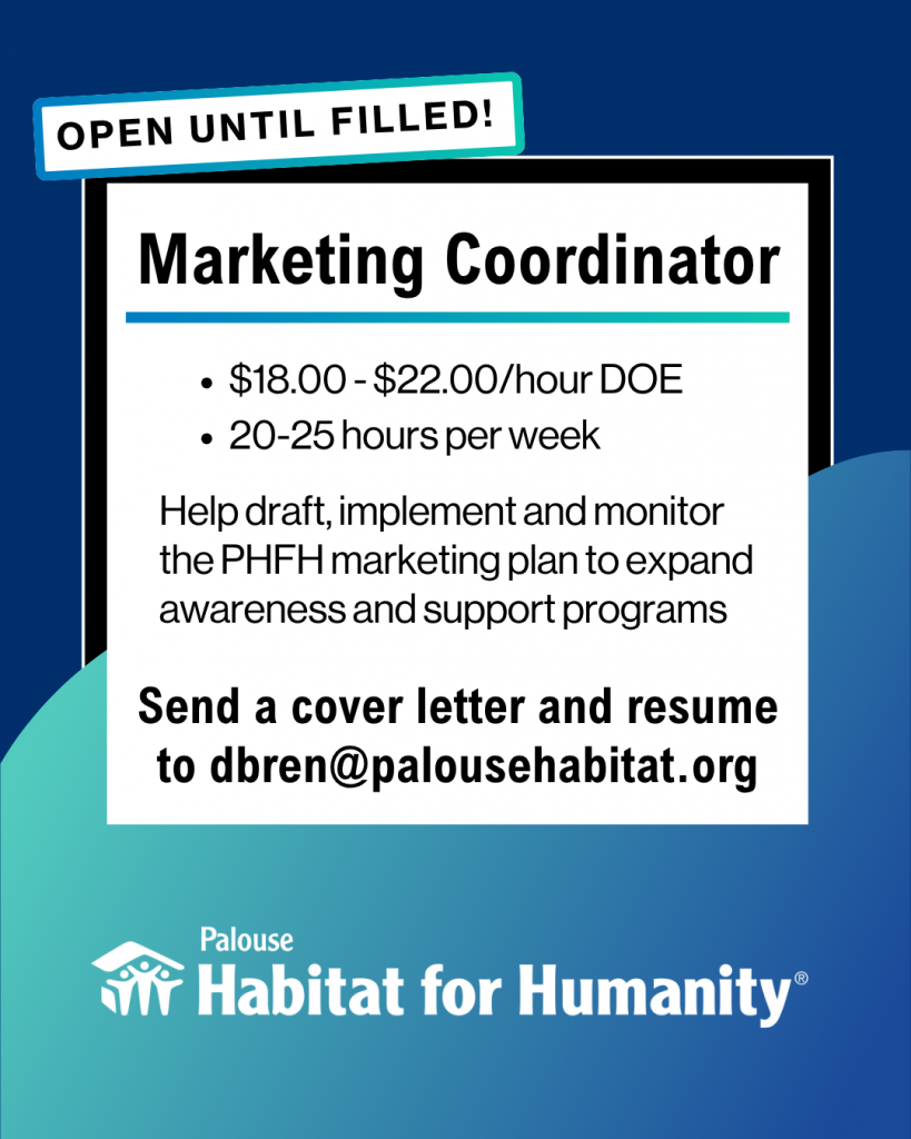 An official hiring notice graphic detailing the hourly wage and application instructions for the Palouse Habitat marketing coordinator job.