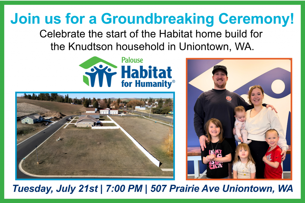 Aerial view of the building lot and a portrait of the Knudtson family for the Uniontown WA Habitat groundbreaking ceremony.