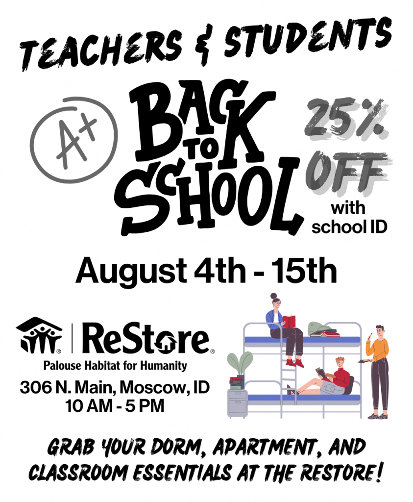 An event flyer announcing the Moscow ReStore back to school sale featuring a 25 percent discount for students and teachers.