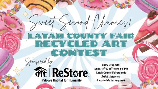 Watercolor candy background promoting the Latah County Fair recycled art contest with entry details.