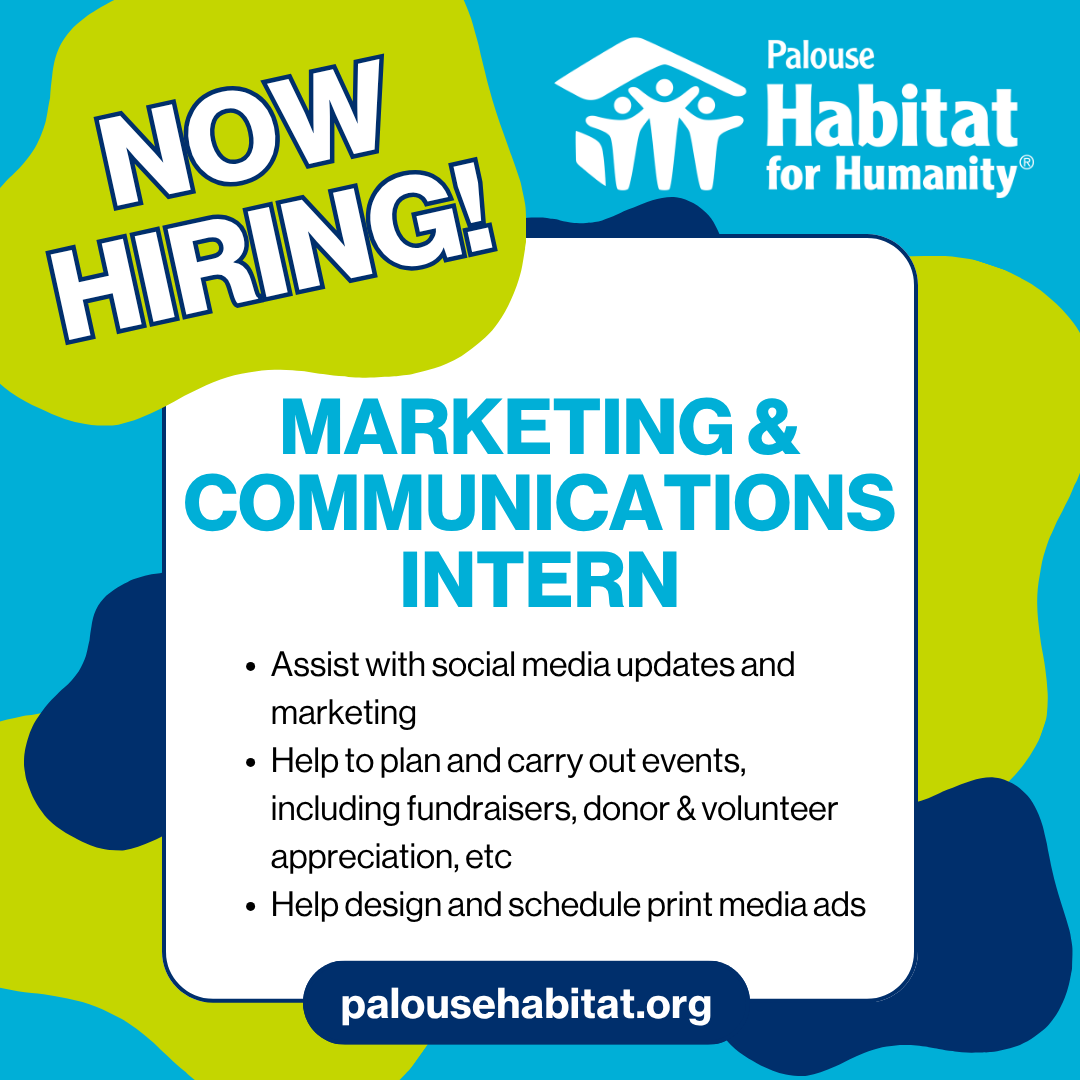 Now hiring graphic for the Palouse Habitat marketing internship detailing key responsibilities like social media management.